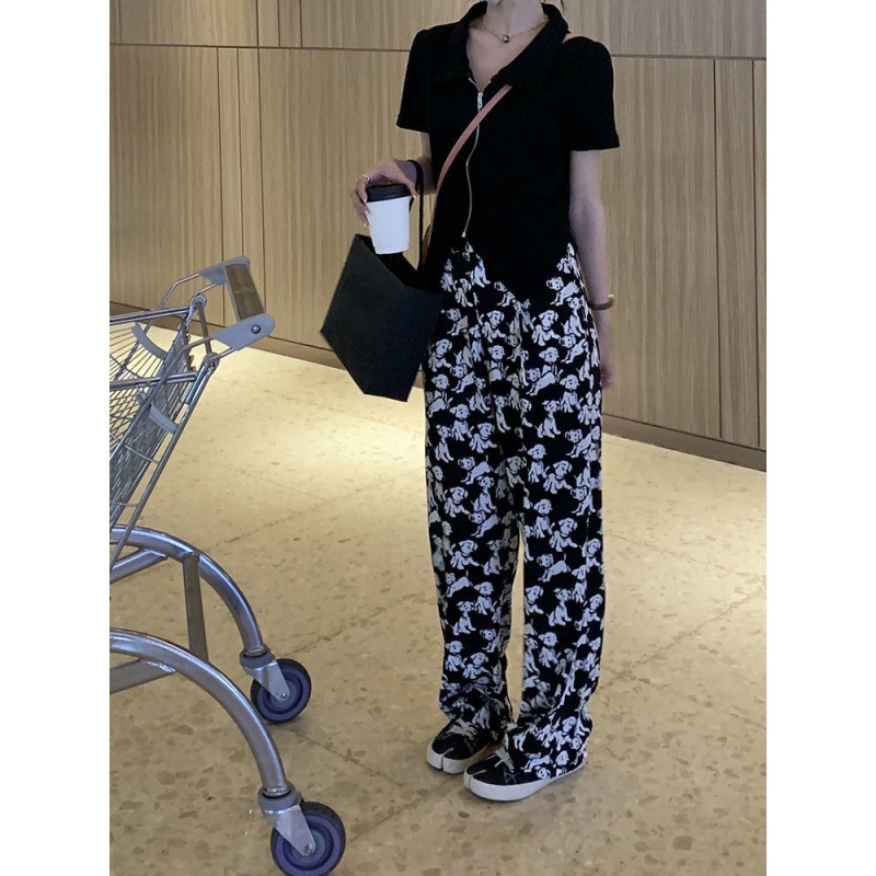 Pantalones de estilo carkala impresos pantalones de pierna ancha de verano para mujer versátil cintura alta adelgazante drapeado Pantalones rectos de moda casual