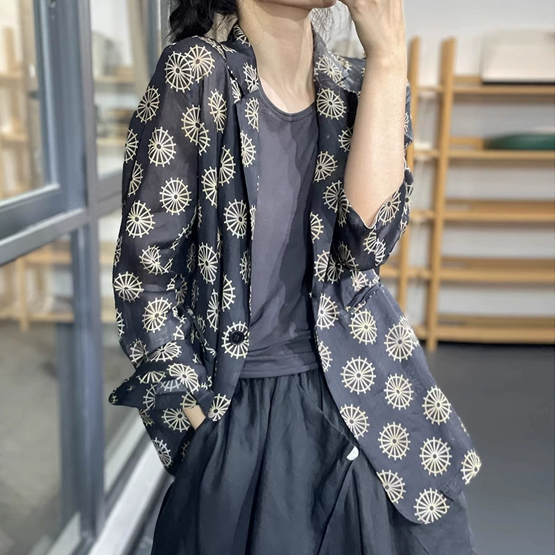 Официальная картина Летняя новая ретро-художественная печать свободная и тонкая, дикая повседневная конопка тонкий маленький костюм куртка женский