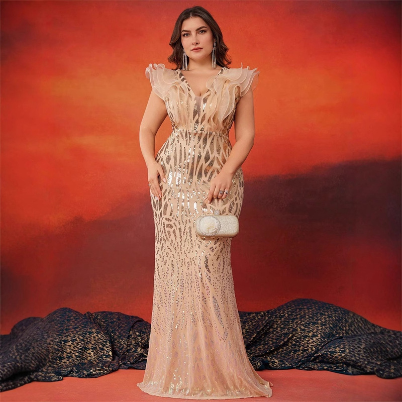 European and American New Fat Woman's Deep V Sequin Evening Dress Party Elegant Slim-fit Long Party dress