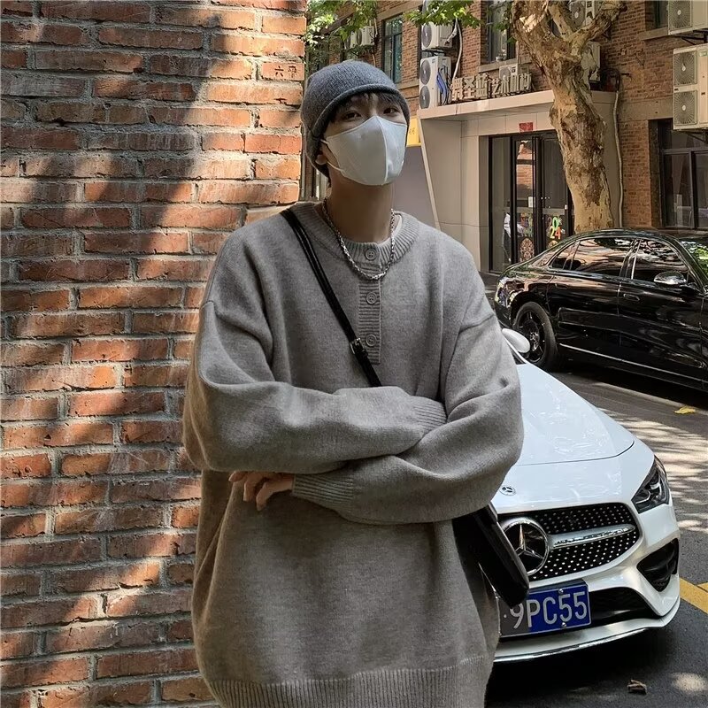 겨울 유행 브랜드 솔리드 컬러 다재다능한 헨리 넥 스웨터 남성용 미국식 느슨한 통근 두꺼운 라운드 넥 니트 울 스웨터