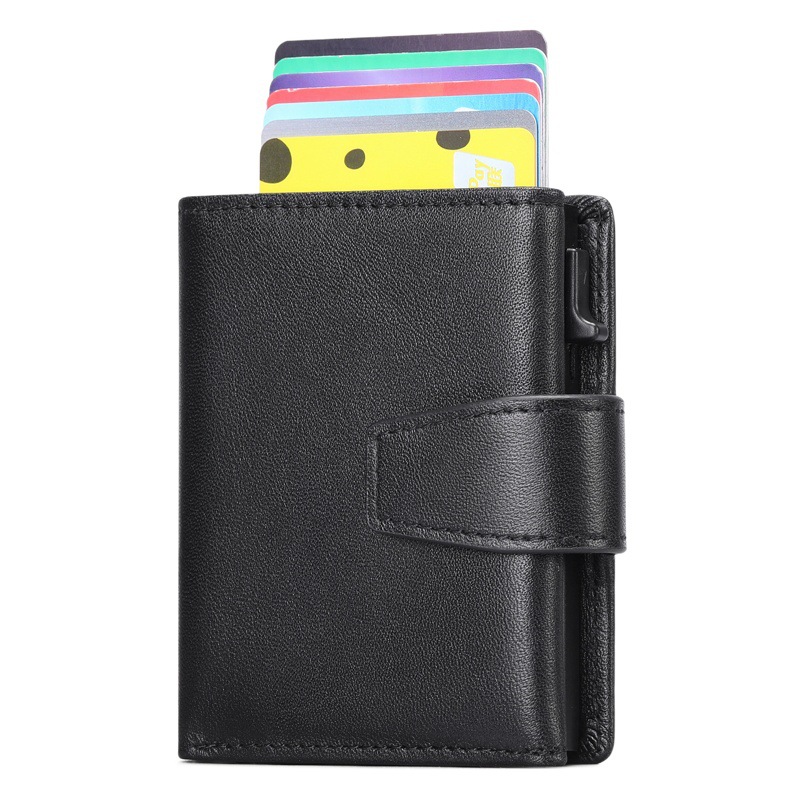 Cartera de cuero genuino para hombre con tarjetero automático de aluminio – Multifunción, primera capa