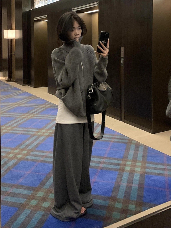 灰色高领针织开衫毛衣外套女秋冬新款爆款韩系慵懒高级感跨境上衣|undefined