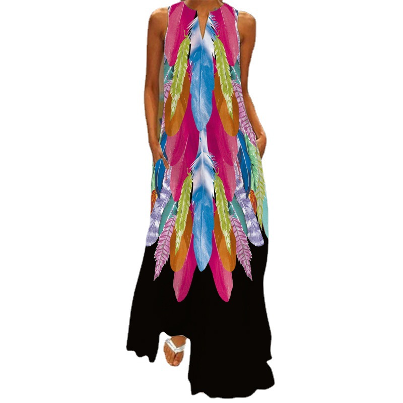 2024 mujeres de verano de moda sexy Impresión digital con cuello en V sin mangas vestido largo bolsillo europeo y americano vestido S-5XL
