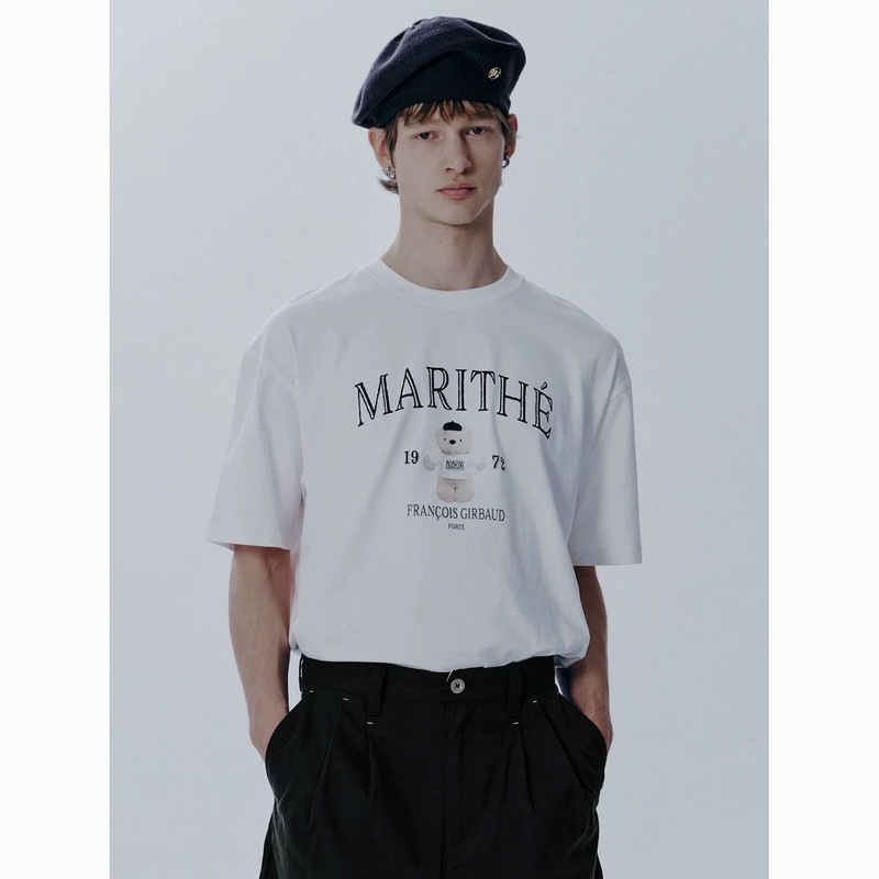 T-Shirt Short-Sleeved Unisex Style Korean Fashion Brand Mari Cute Bear Print Loose Cotton Top T-Shirt Short-Sleeved Unisex Style Korean Fashion Brand Mari Cute Bear Print Loose Cotton Top