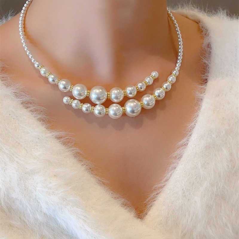 Collana girocollo di alta gamma a doppio strato con perle bianche, stile retrò, elegante e raffinata, ideale per donne che desiderano un look da socialite._voghion.com