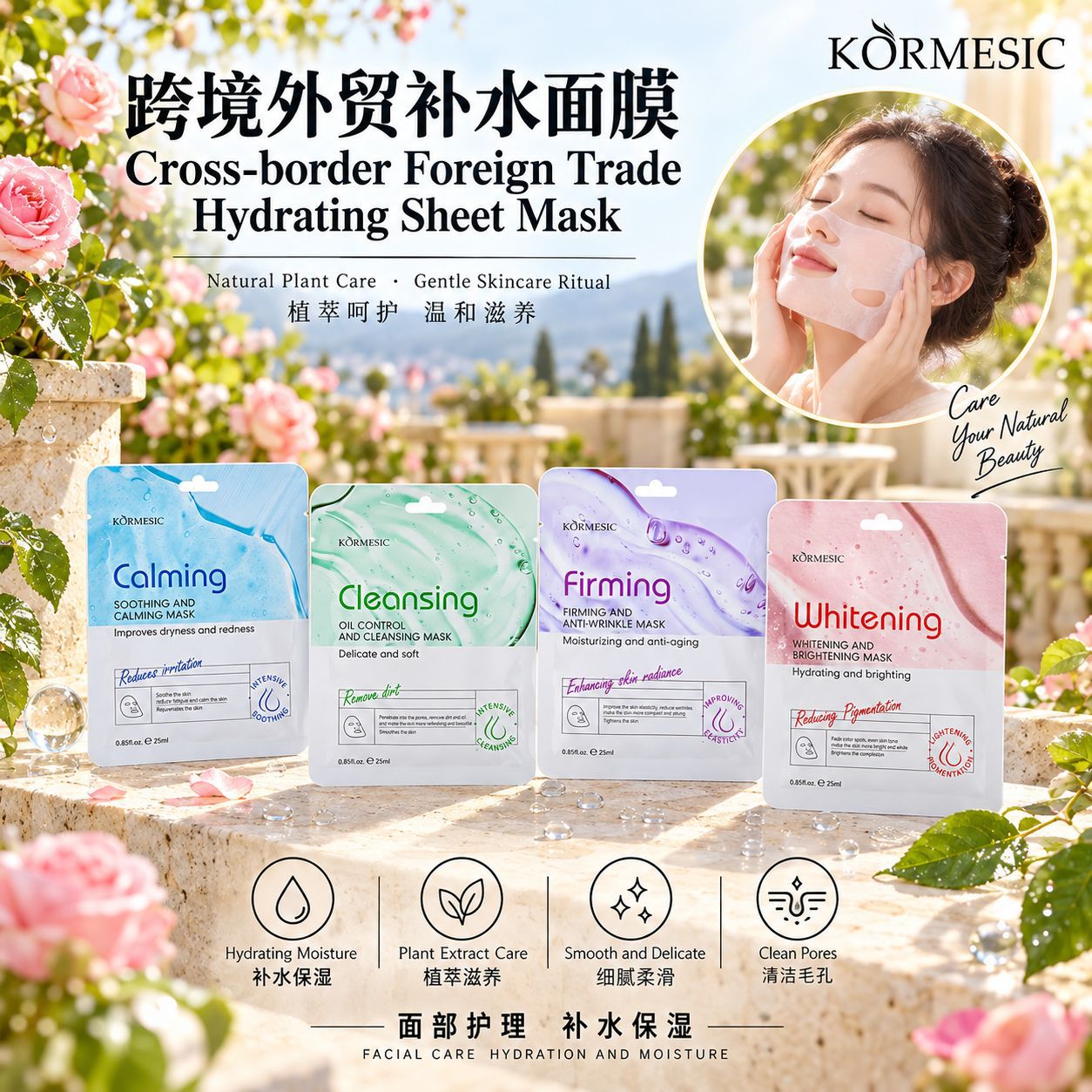Kormesic Full English Facial Mask Hydrating Facial Mask Non-Stuffy Moisturizing Cross-Border Export Manufacturer Wholesale