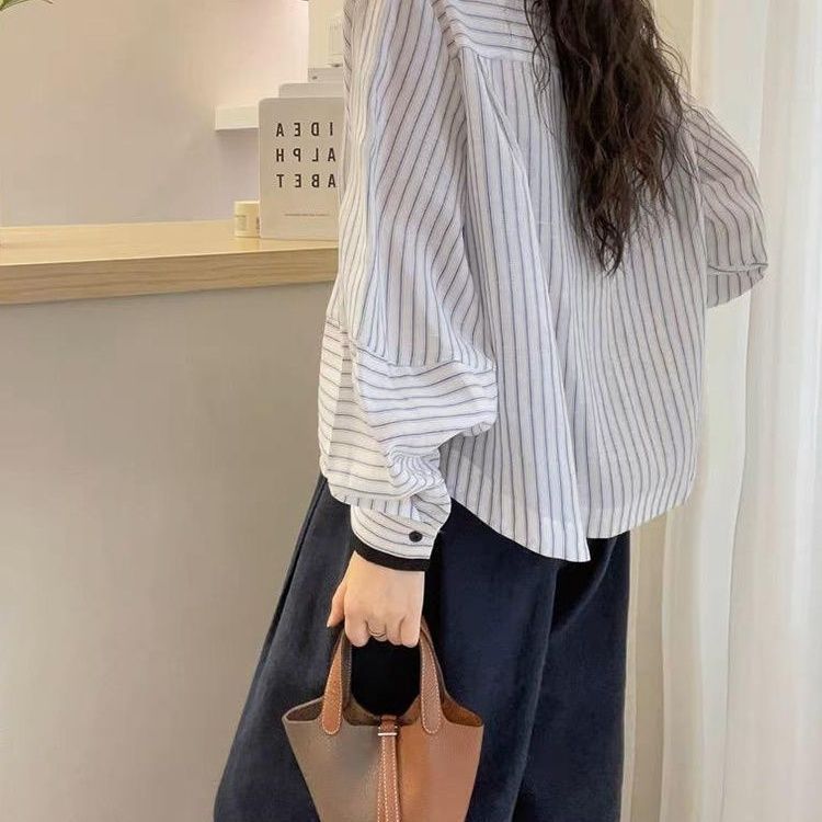 灯笼袖竖条纹休闲衬衫女2025早春新款女装设计感上衣潮|undefined