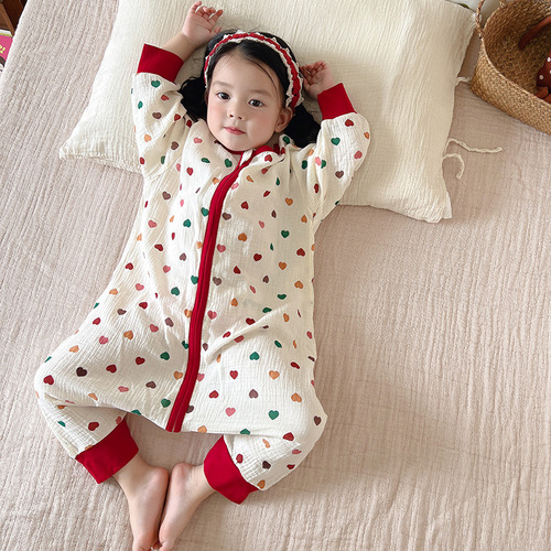 Autumn Baby Sleep sack with long sleeves, double-layer pure cotton gauze sleep sack, baby sleepwear, children's leg opening anti-kick blanket