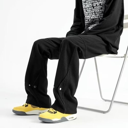 American-style pleated black jeans, Instagram trendy, micro-bell-bottom casual, niche, hip-hop pants for men