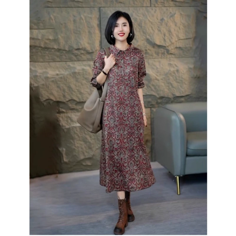 Новинка сезона Весна-Осень 2025: Модное свободное женское платье-рубашка оверсайз из хлопка и льна с принтом и отложным воротником для трансграничной торговли