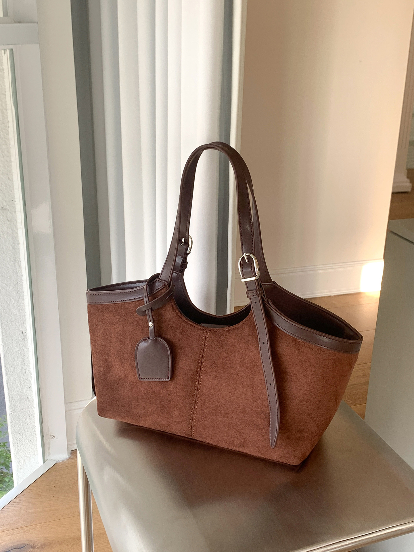 Autumn/Winter Suede PU Patchwork Creative Market Tote Bag Large Capacity New Commuter Shoulder Bag for Women - Thumbnail 6