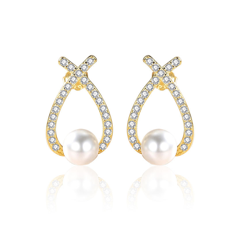 Pendientes de perlas de plata esterlina S925 pendientes de perlas de moda de alto grado de las mujeres pendientes de perlas cruzadas de diamantes franceses