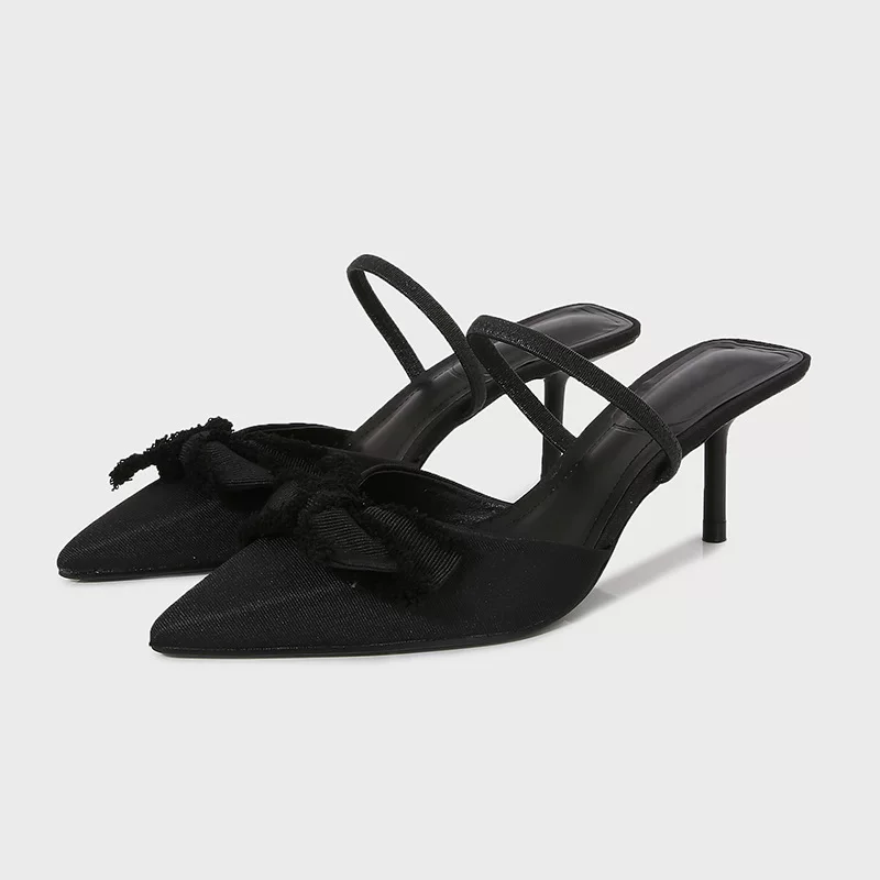 Ботильоны на шпильке с черной бантовой пряжкой и носком pointed toe мюли с тонкой шпилькой, подошваback зацепляющая сандалии