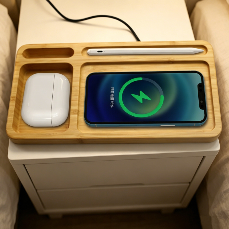 15W Bamboo Tray Wireless Charger, Earphone, Phone, and Pen Storage Box, Bamboo Wireless Charger