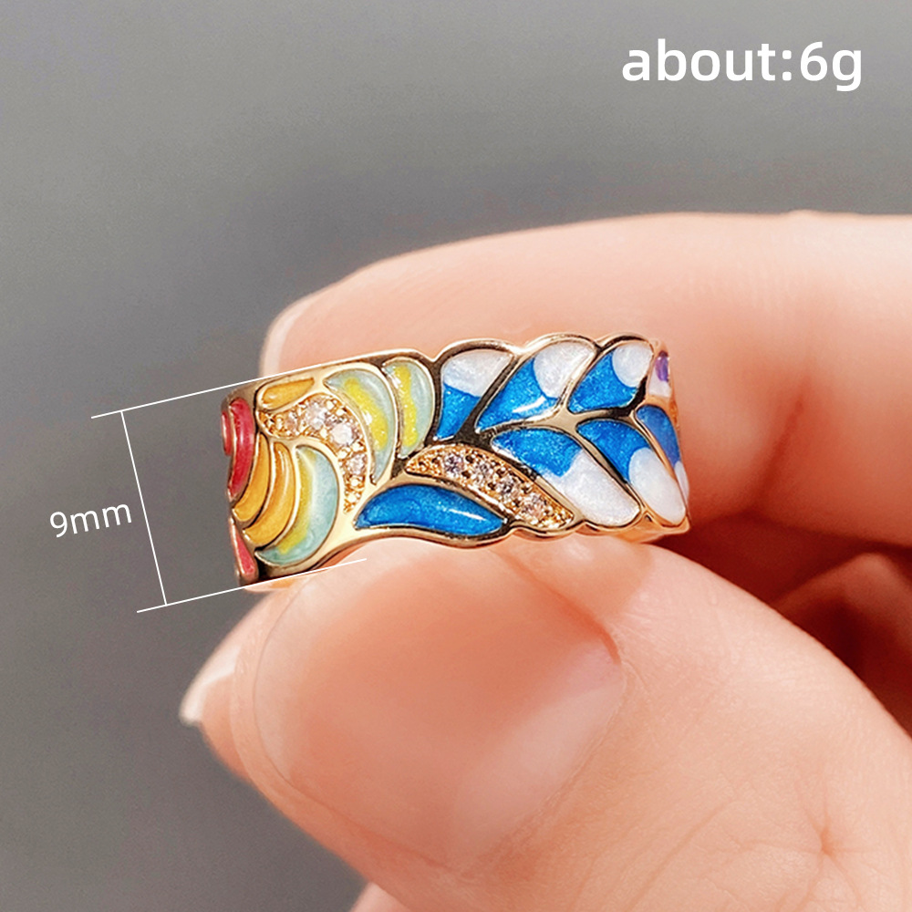 Retro Leaf Copper Enamel Zircon Rings display picture 1