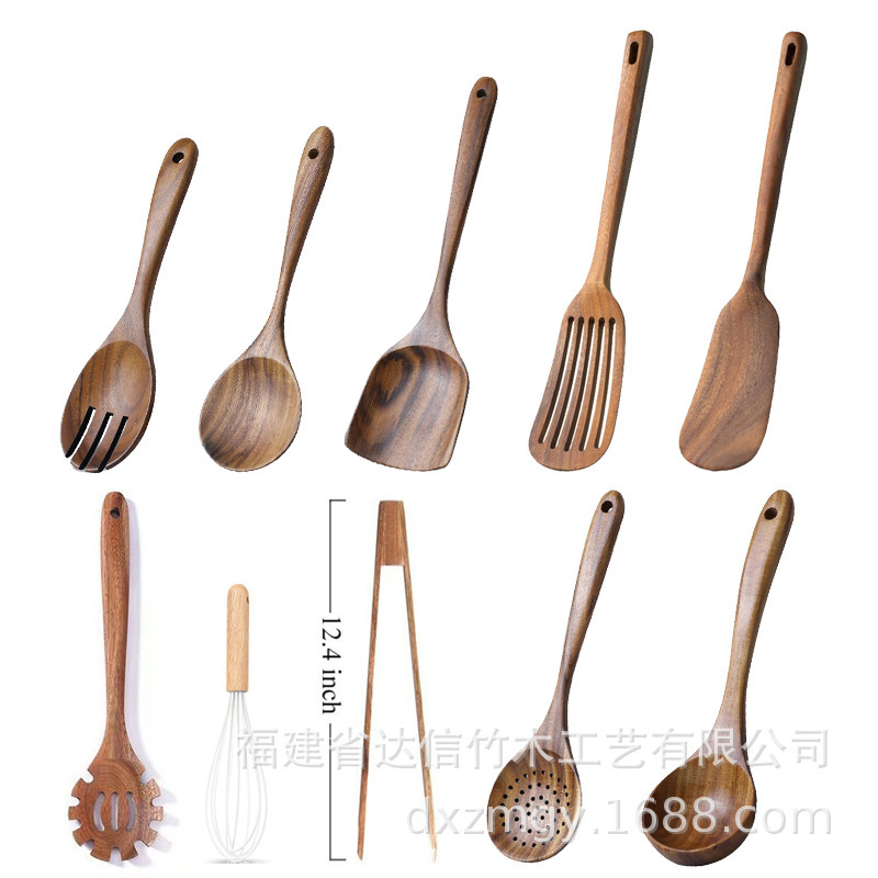 クロスボーダークッキングセット アカシア材キッチン用品 長柄スパチュラ 無垢材スパチュラ スプーンとフォーク ノンスティックキッチン 10点セット|undefined
