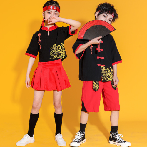 Boy girls jazz dance costumes Chinese style hiphop rapper gogo dancers outfits for baby toddlers kids cheerleading performing outfits