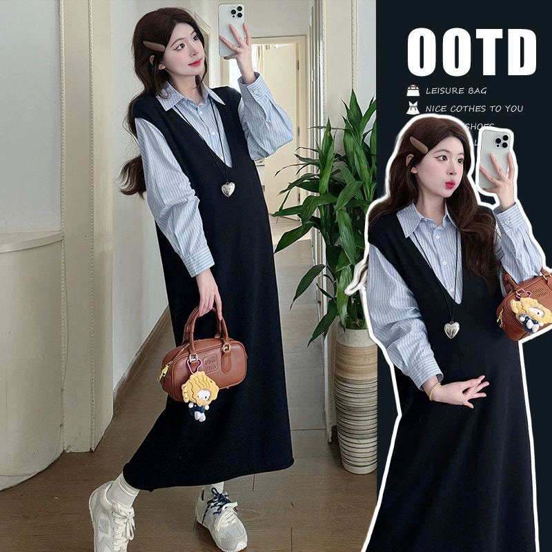 Ранняя весна 2025 новый стиль беременности платье платье корейская минималистская темпераментная тонкая V-образный вырез трикотажная юбка в полоску рубашка