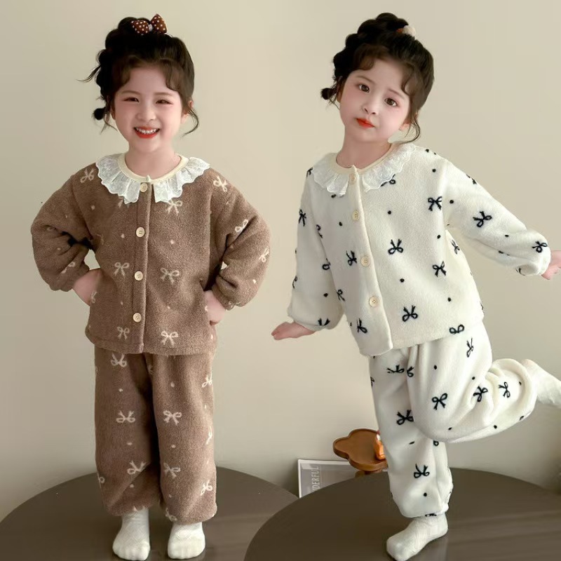 New Girls' Warm Suit Autumn and Winter Girls' Coral Velvet Cardigan Pajamas Baby Home Clothes New Suit