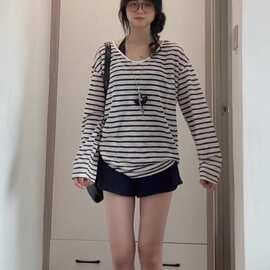 韩系慵懒风撞色条纹V领薄款长袖T恤女装夏季休闲宽松百搭露肩艺瑾