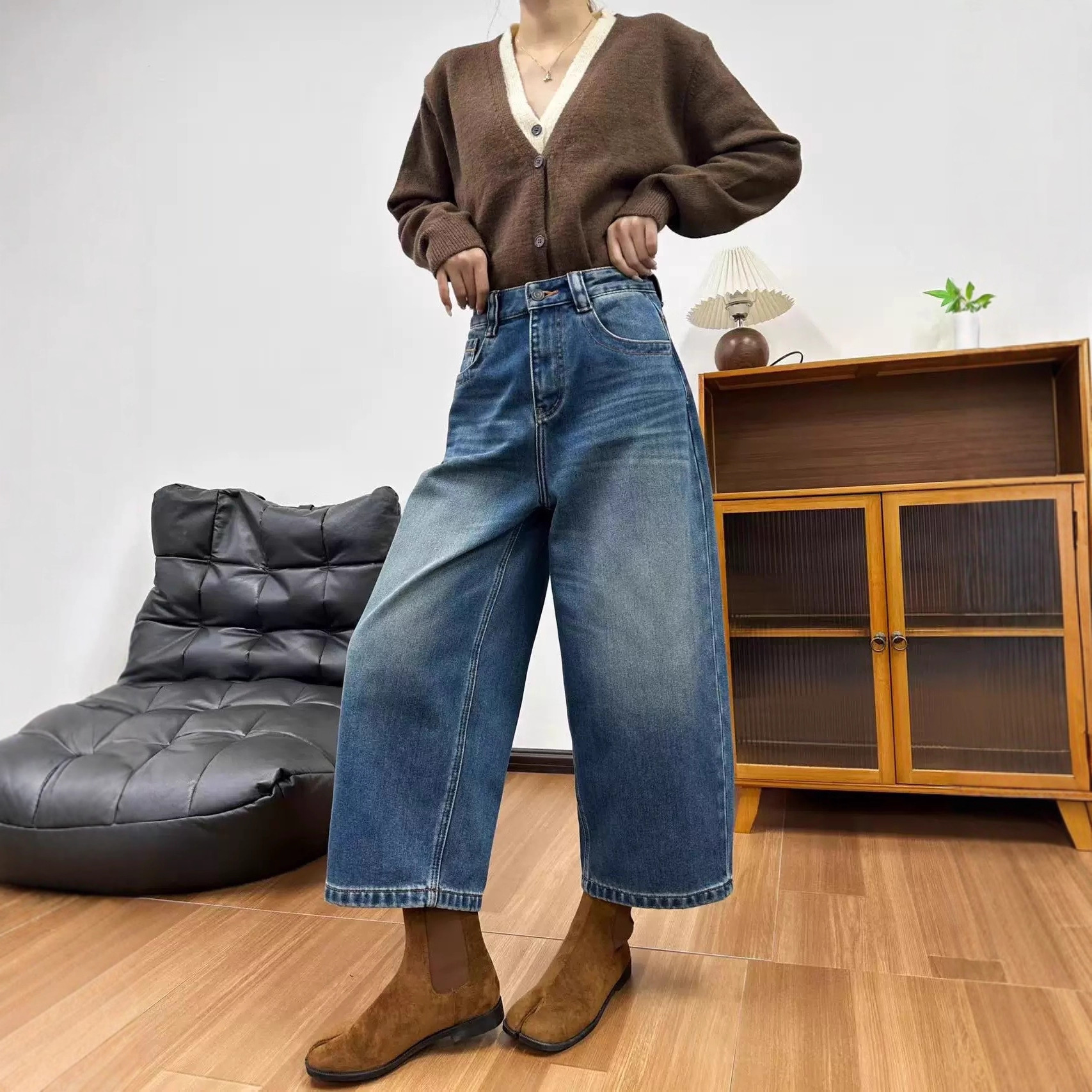 68757A Fleece Jeans Women's Winter Wide-Leg Pants High-Waisted Brushed Loose Nine-Point Scimitar Pants