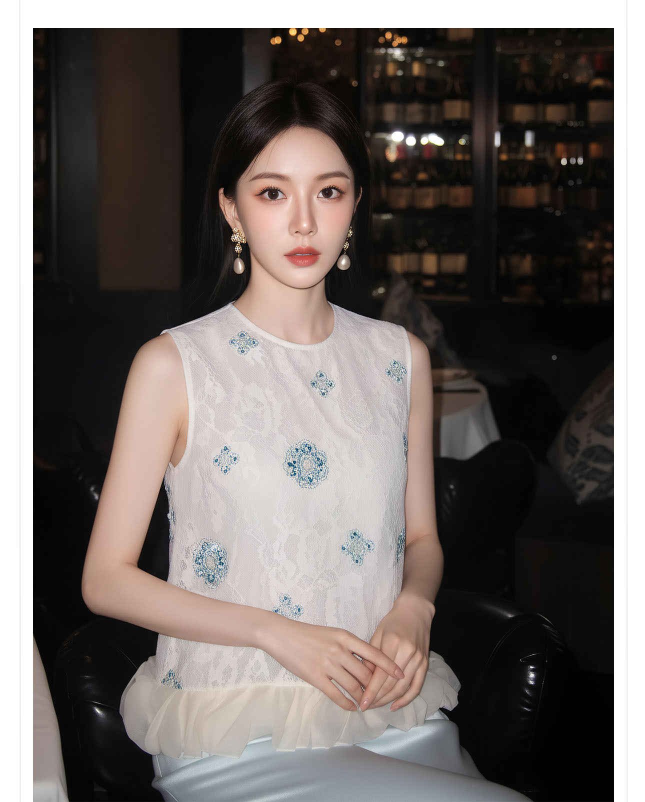 Bộ áo gile đính cườm thêu hoa cách tân + chân váy trơn thanh lịch nữ — bộ đồ, Trang chủ, Màu xanh nửa váy chi tiết 2