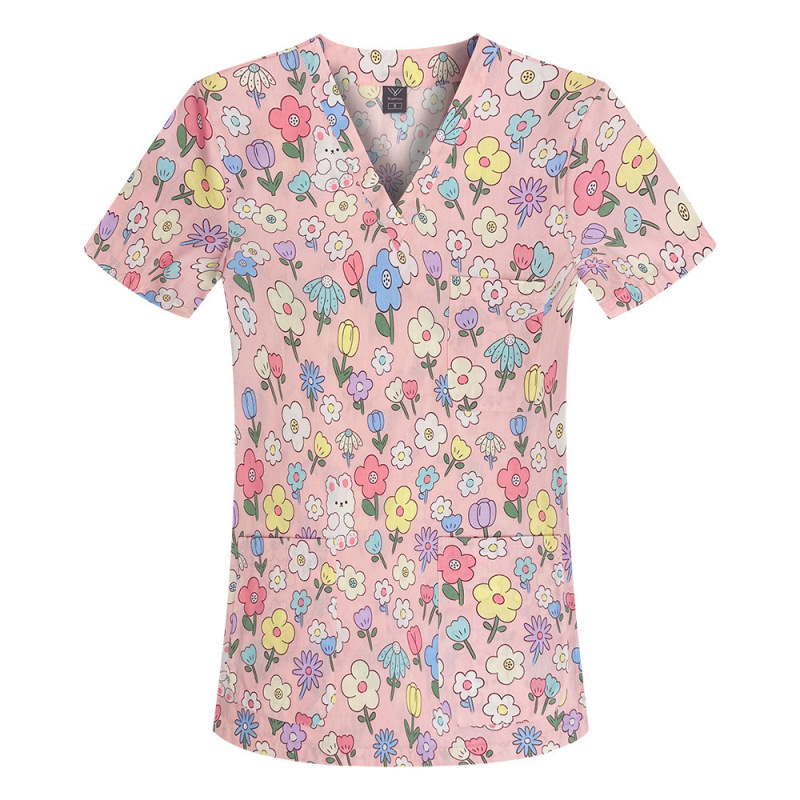 国境を越えたアマゾンの爆発的なアニメプリント看護師服女性vネック半袖tシャツ上着手術服作業服男性|undefined
