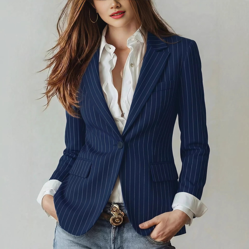 Cross-Border 2026 New Style Navy Blue Striped Waist-Cinching Blazer, High-End Commuter Slim-Fit Single-Button Blazer Jacket