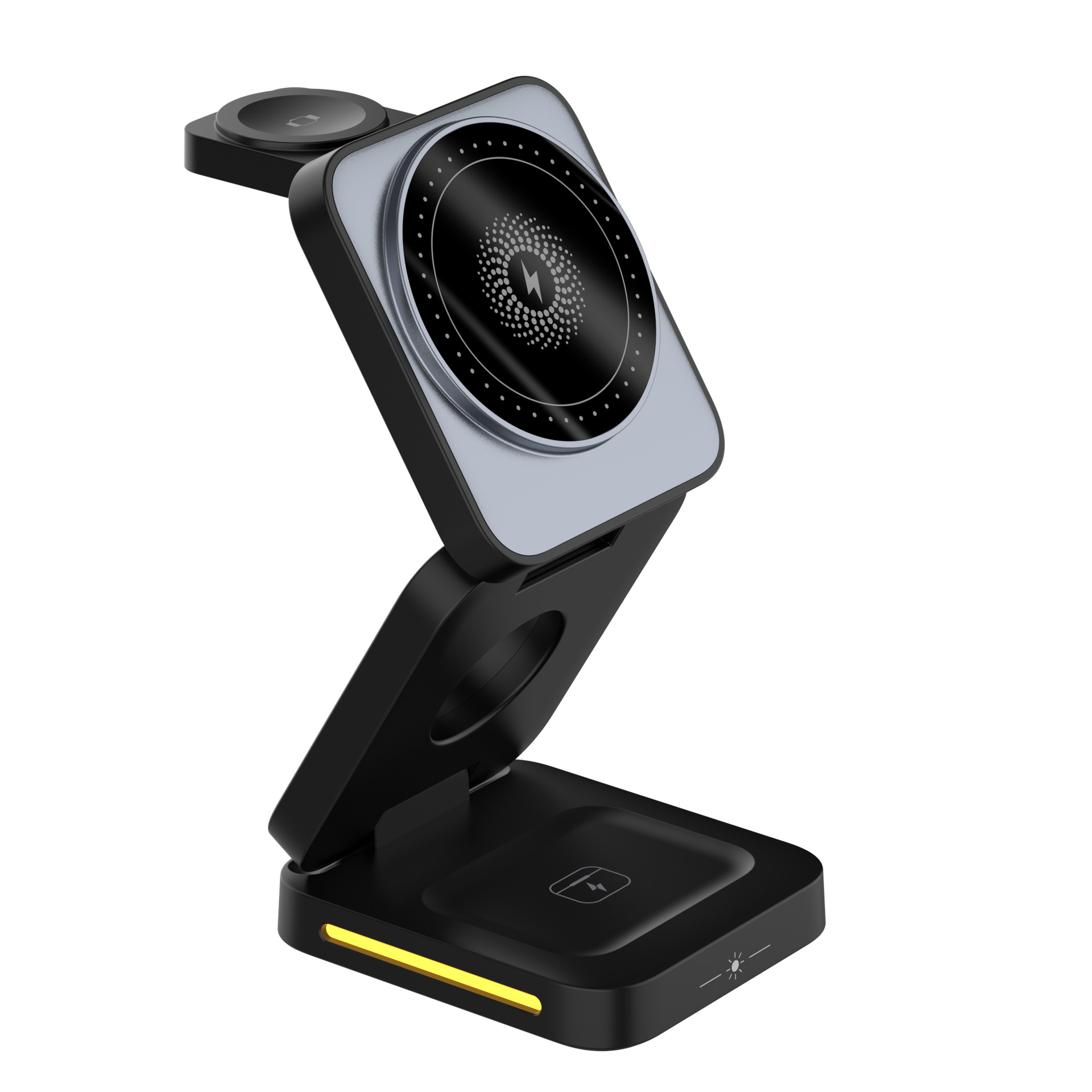 Cargador inalámbrico magnético plegable tres en uno, luz nocturna táctil, soporte vertical para teléfono móvil de escritorio, cargador inalámbrico al por mayor