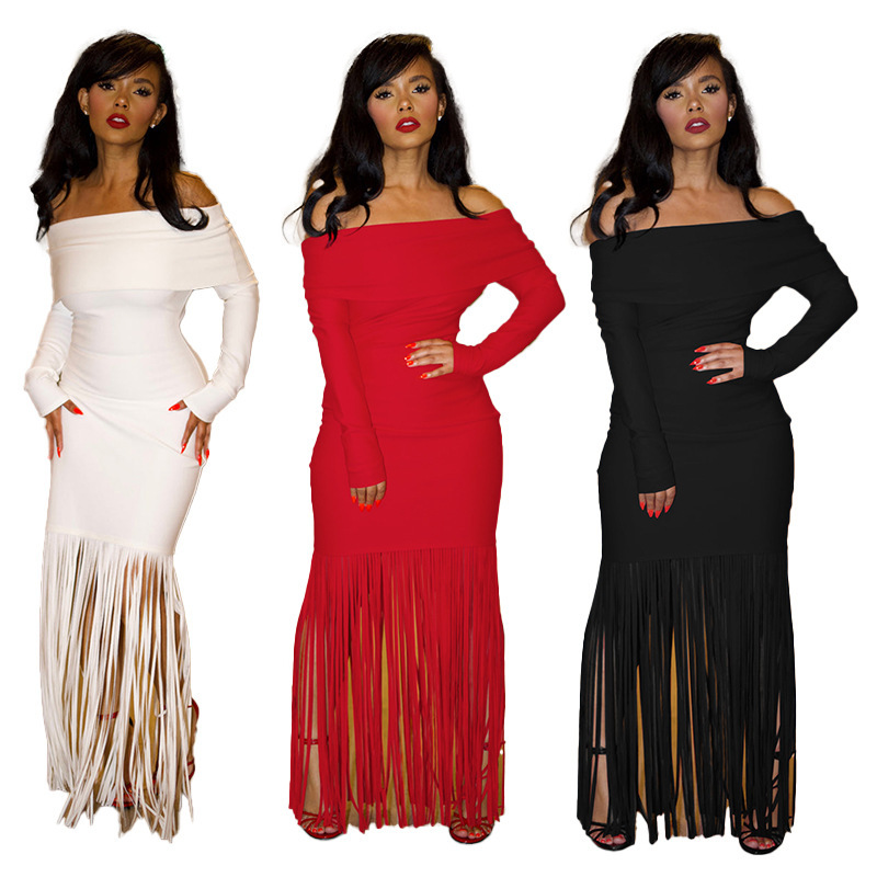 M3065 European and American Sexy off-shoulder Elegant Slim-fit Tassel Bag Hip Long-sleeved off-the-shoulder Wrap Chest Evening Dress dress