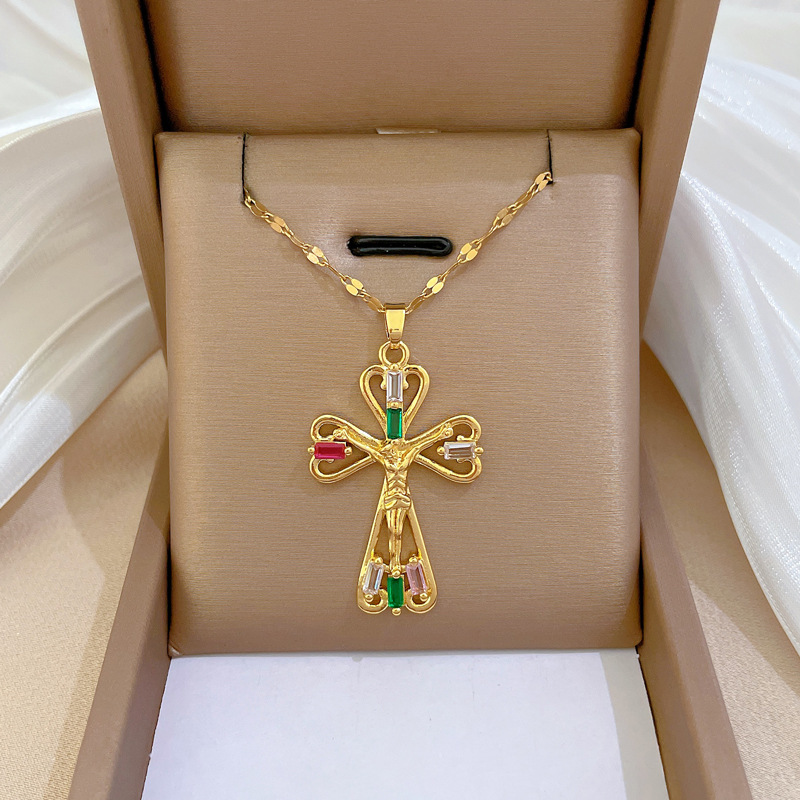 Ethnic Style Cross Stainless Steel Inlay Artificial Gemstones Necklace 1 Piece