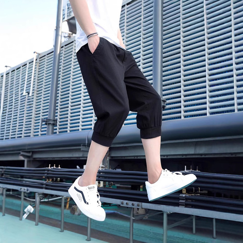 Men's Summer Loose Thin 7/8 Length Ice Silk Straight Leg Elastic Shorts