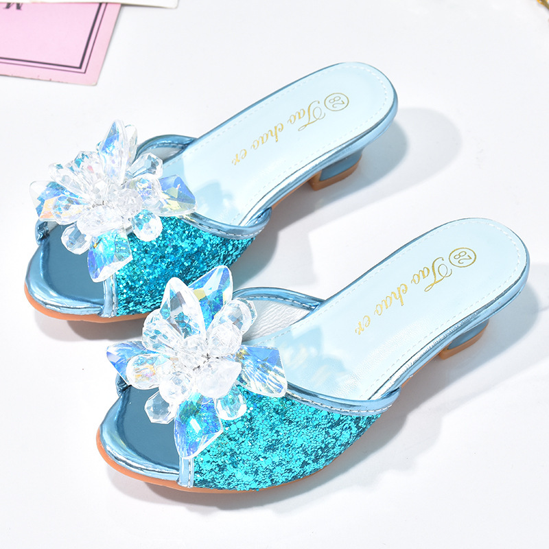 Girls' Slippers Shiny Cinderella Children's Water Diamond Shoes Outdoor Small and Medium-sized Children's Baby's Foreign-style Princess High-heeled Sandals