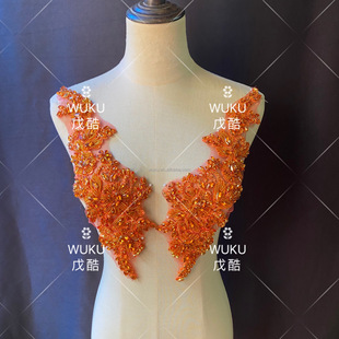 E-cool orange wedding dress decals 16X44cm handmade beaded rhinestone orange lace flower LA-28