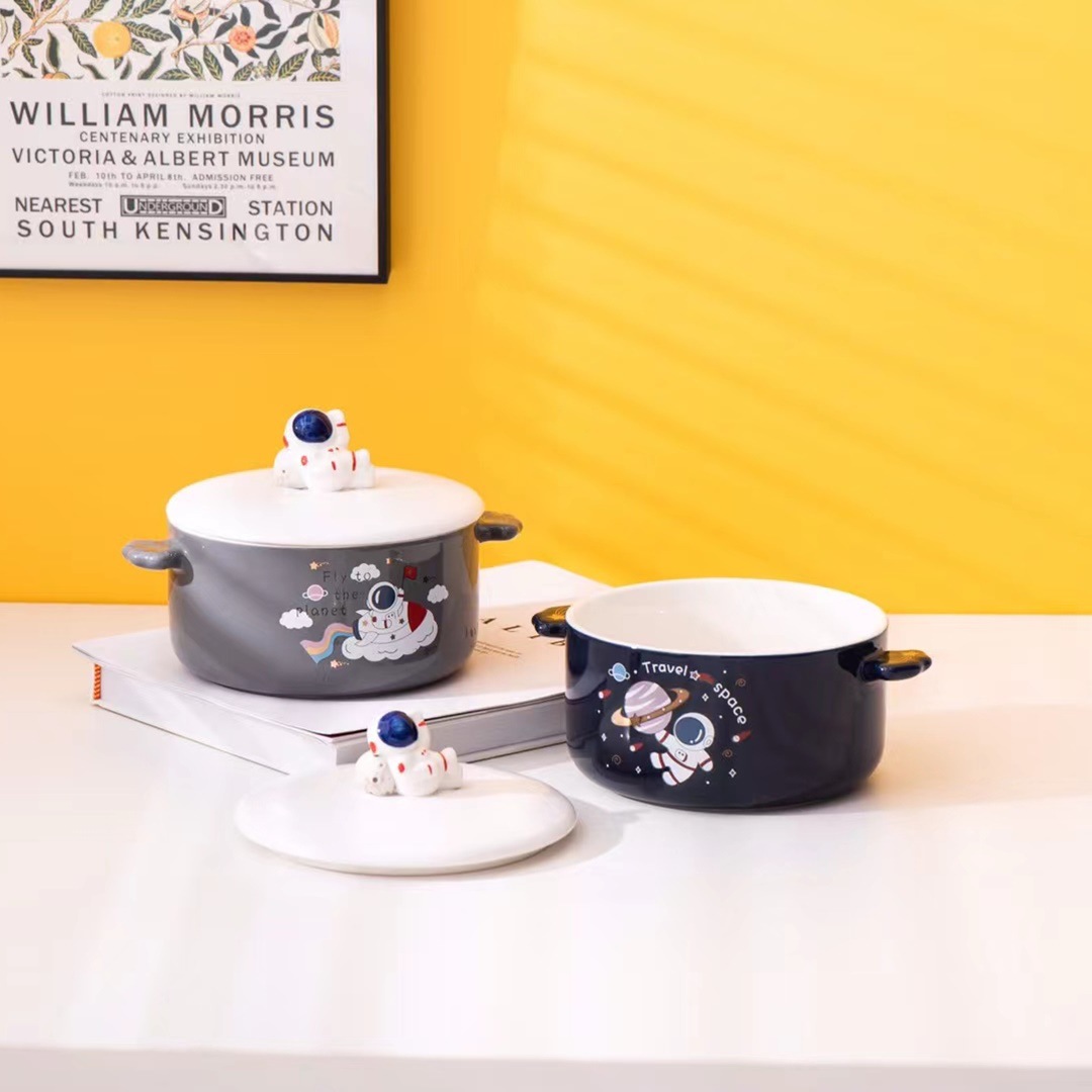 Creativo espacio astronauta regalo de tazón de fideos instantáneos 3D muñeca de cerámica 3D doble oído tazón de fuente caliente ensalada de dibujos animados personalizada tazón