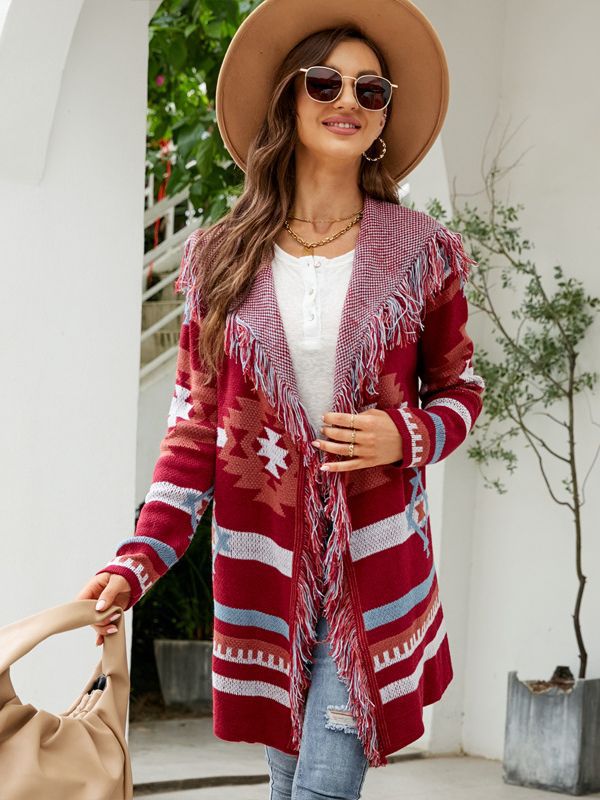 Transfronterizo 2023 otoño e invierno europeo y americano suelto con capucha suéter largo abrigo borla geométrica jacquard suéter cardigan image 5