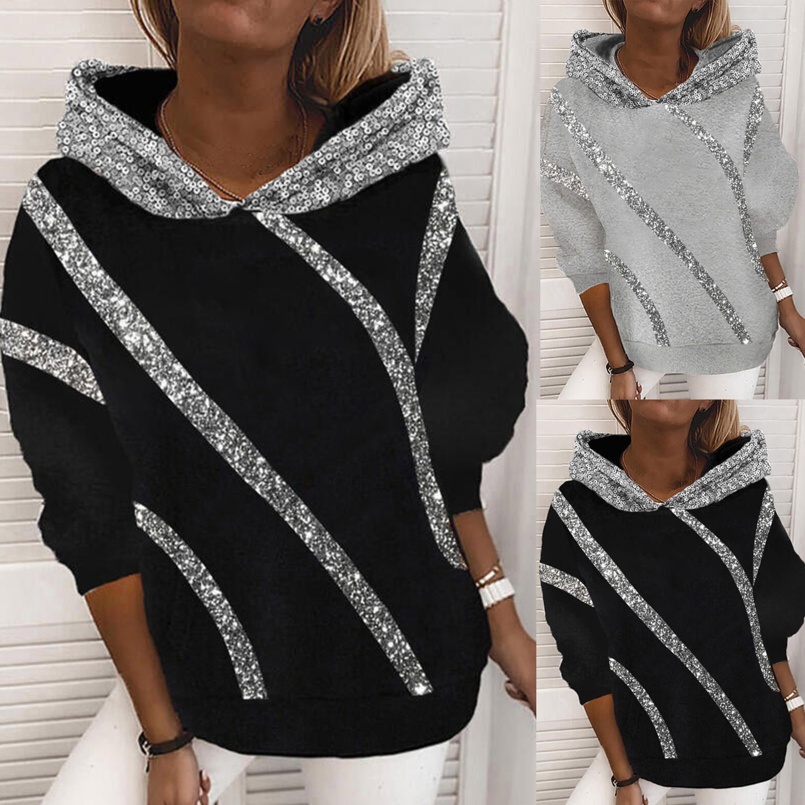 9705 #2021 AliExpress Amazon Otoño e Invierno popular europeo y americano Venta caliente lentejuelas impreso suéter con capucha suelta para mujeres