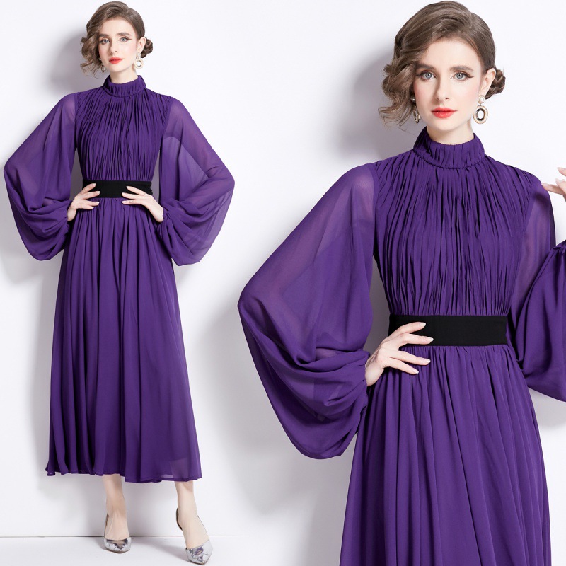Runway Chiffon Balloon Sleeve Long Skirt High Neck Purple Dress