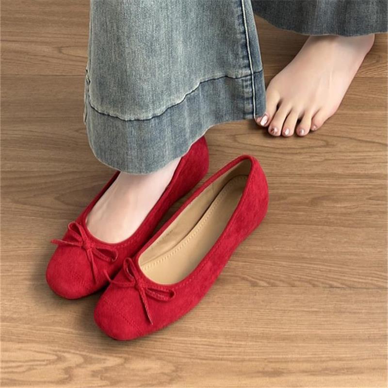 Red Inner Height-Increasing Ballet Shoes for Women 2025 Autum New Chinoiserie Gentle Bow Shallow Mouth Flats Beanie Shoes