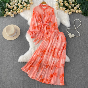 Nh New Chinoiserie Print Elegant Stand Collar Lantern Sleeve Shirt Women's Summer Waist Slimming Look Top + Skirt Two Pieces