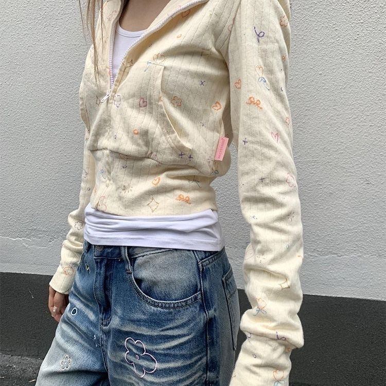 Dopamine Small Floral Cardigan Women's Casual Cute Hooded Sweatshirt Spring & Fall Sweet Style Jacket Short Long-Sleeved Top