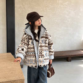 女童皮毛一体外套2025新款儿童秋冬洋气女孩费尔岛加绒加厚毛毛衣