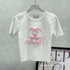 高版本现货毛巾绣花钉珠立体装饰圆领针织短袖上衣女冰丝肩带款新
