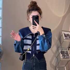 2023年秋季新款百搭双头拉链大翻领撞色拼接牛仔开衫毛衣女