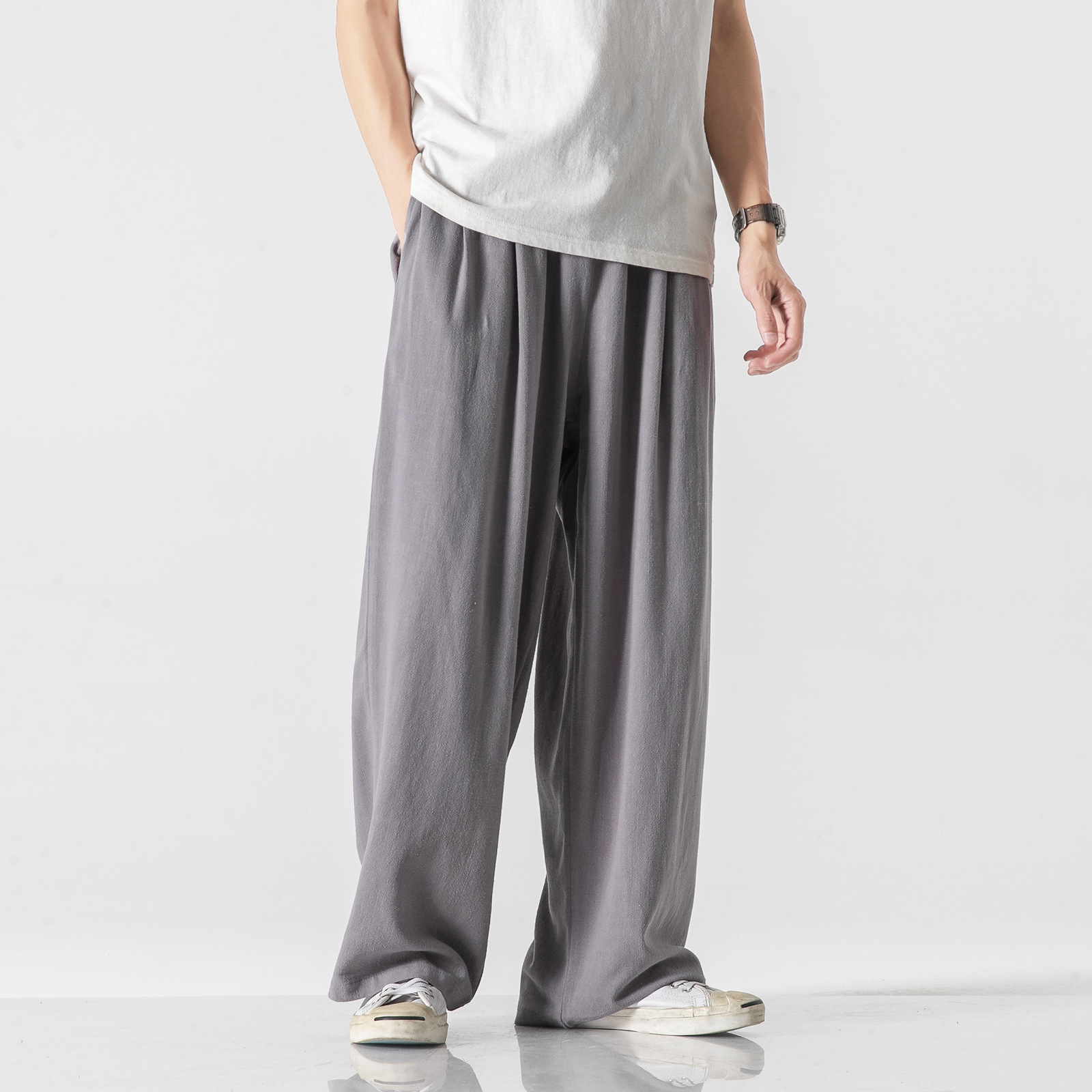 Pantalones de lino de estilo chino Pantalones deportivos rectos sueltos de los hombres ropa de algodón de verano moda nacional más tamaño pantalones de pierna ancha pantalones Casuales