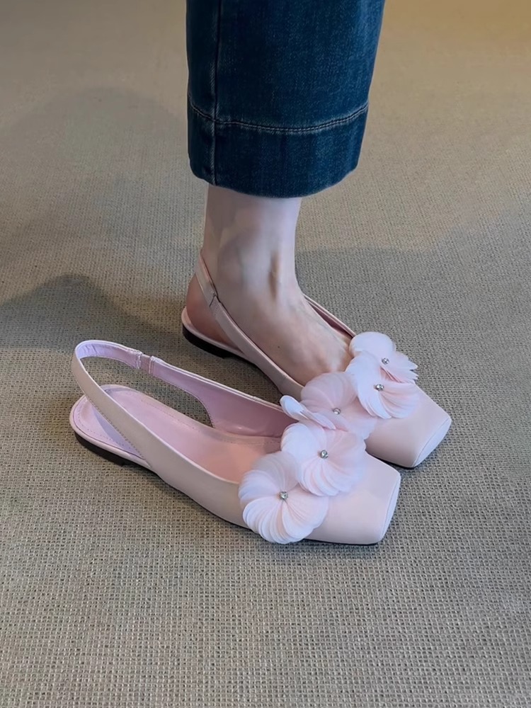 La marea no es sur ~ Zapatos con cabeza de bolso de flores para mujer, sandalias de punta cuadrada de verano, zapatos planos con cinturón de viento de hadas