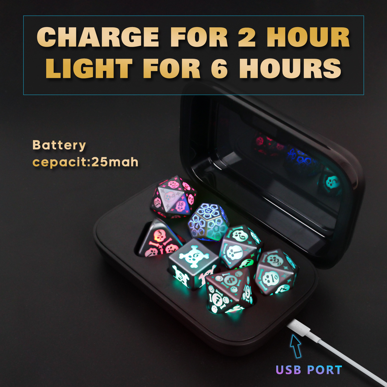 Juego de dados luminosos LED transfronterizos 7 piezas mesa dragón y mazmorras carga inalámbrica dados flash de siete colores