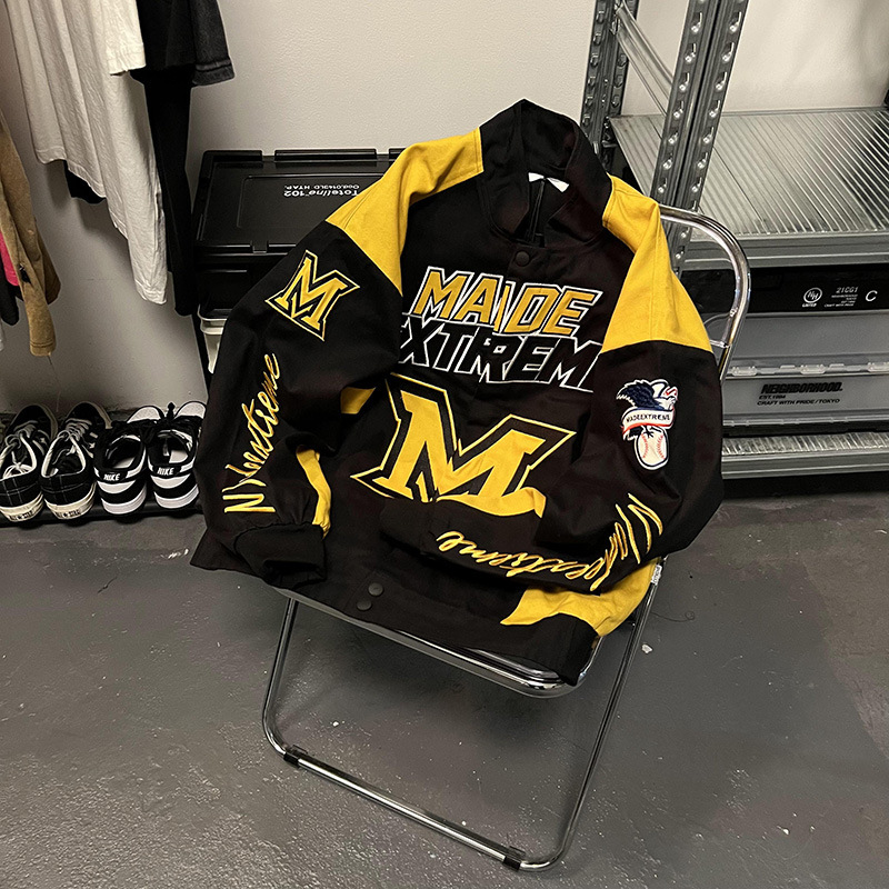 Personalized Street Style Racing Jacket Casual Stand Collar Contrast Color Jacket Trendy American Retro Motorcycle Baseball Jacket