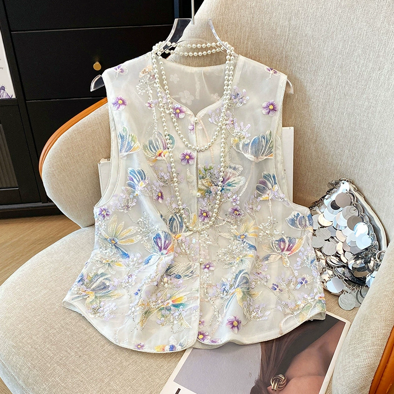 Настоящая фотография жилета в китайском стиле, женский летний новый стиль, жилет из тенселя с пайетками и тяжелой вышивкой, жилет, верхняя одежда