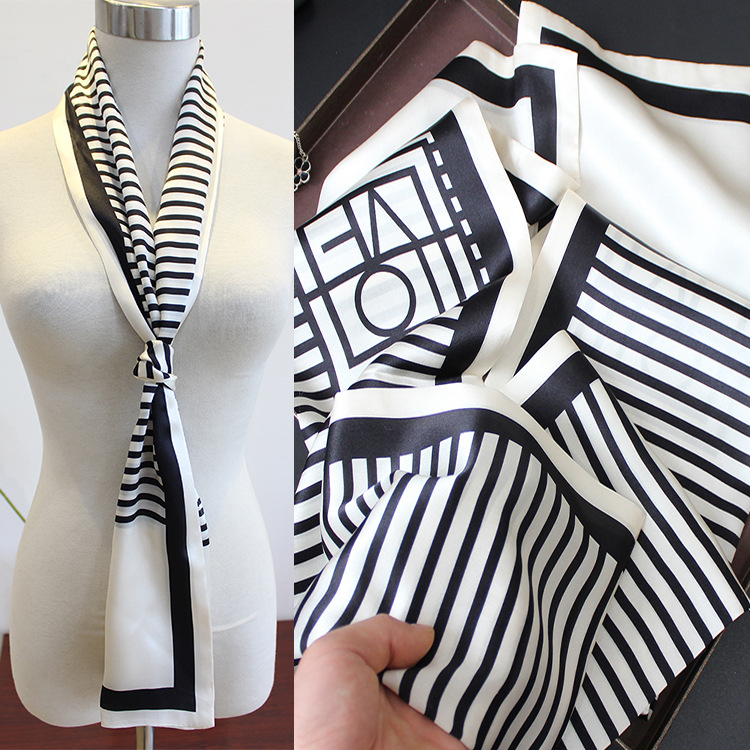 双层真丝长条领巾女士小飘带台板印花桑蚕丝百搭多功能长款领巾批|ms